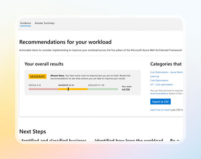 Schermopname van een webpagina met de titel 'Aanbevelingen voor je workload' die een meter weergeeft met een score van 44, wat staat voor een gemiddelde beoordeling