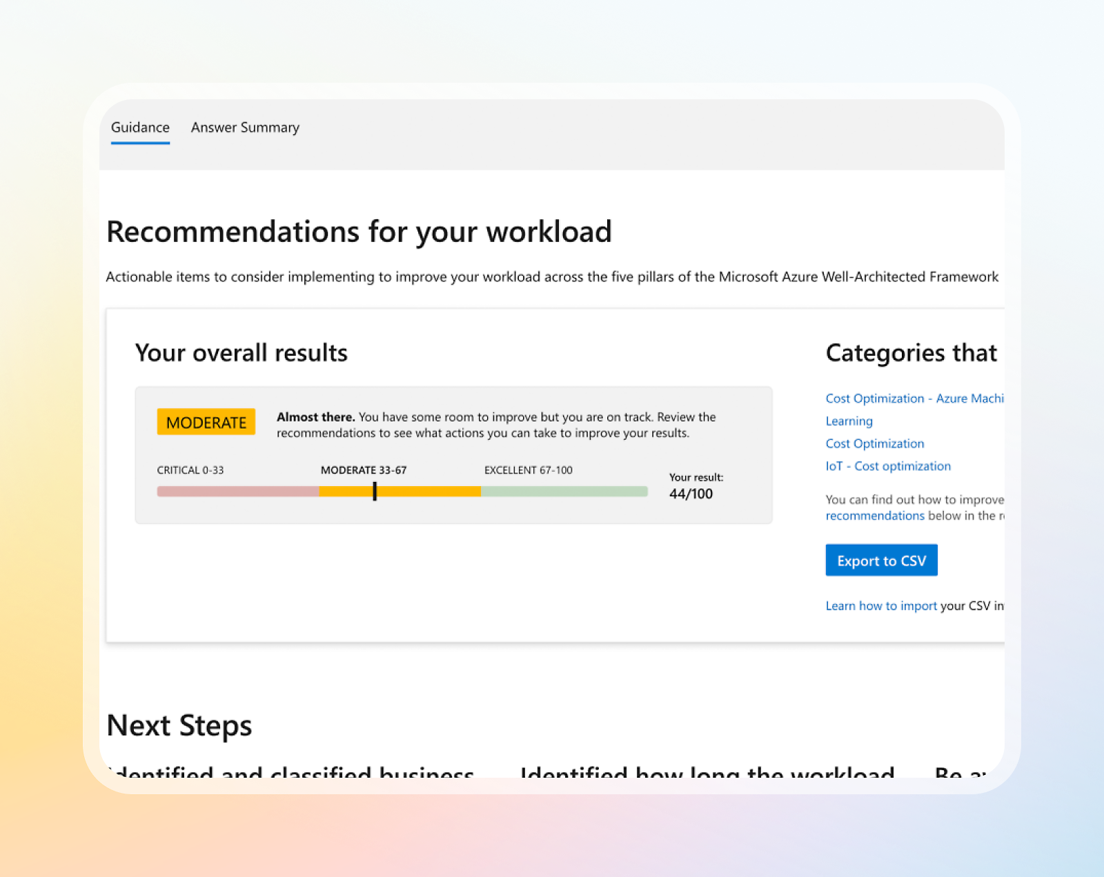 Screenshot of a webpage titled "Recommendations for your workload" showing a gauge with a score of "44" indicating a moderate rating