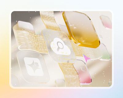 Een gestileerde digitale afbeelding met verschillende app-pictogrammen, waaronder een vergrootglas, verbonden door gouden streams.