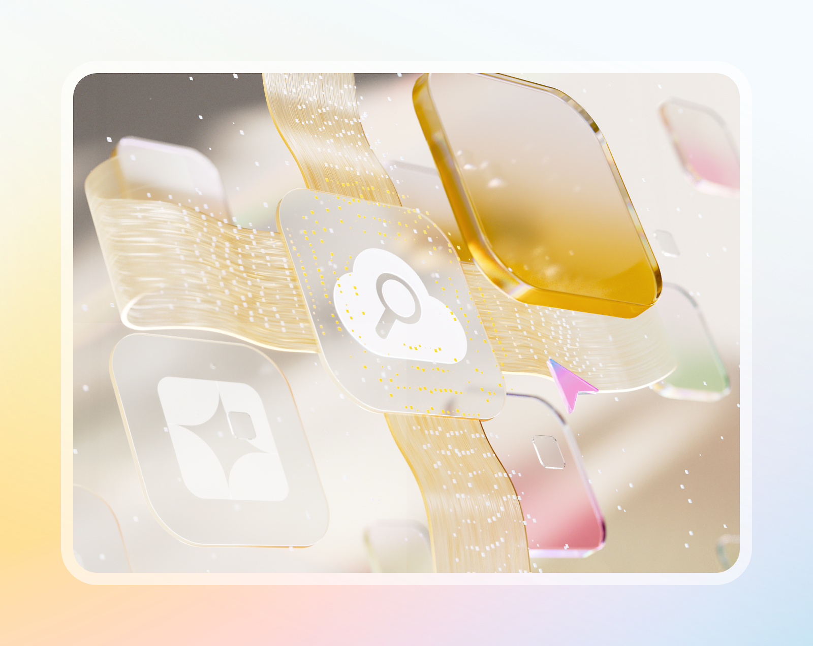 A stylized digital illustration with various app icons, including a magnifying glass, connected by golden streams.