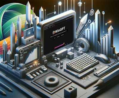 A computer interface with the "WinGPT" website displayed, surrounded by futuristic gear