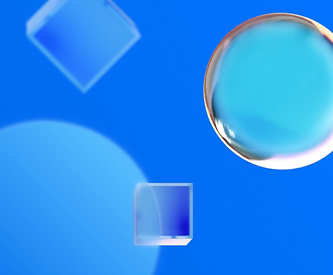 Formas geométricas transparentes e semitransparente em um plano de fundo azul vibrante.