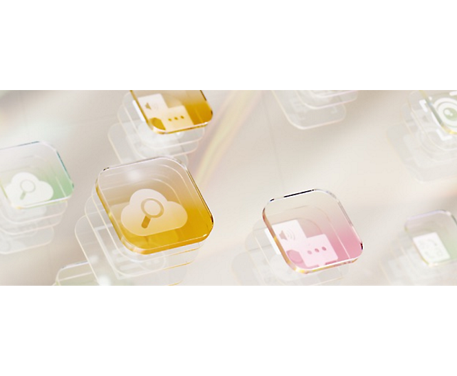 A group of transparent containers with icons