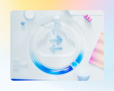 A clean, minimalist workspace with various blue-toned office supplies and a circular, abstract graphic centerpiece.