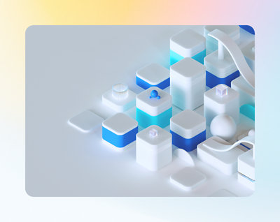 Abstract 3d composition of geometric shapes in a blue and white color scheme.