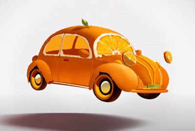 A cartoon orange car with orange slices on the front