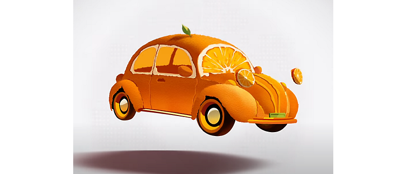 Dibujo animado de un coche hecho con naranjas con rebanadas naranjas en la parte delantera