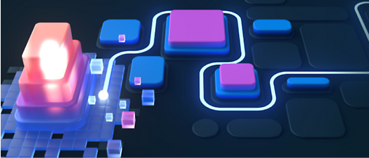 3d illustration of a glowing red cube connected to other blue and pink cubes by glowing lines on a dark background