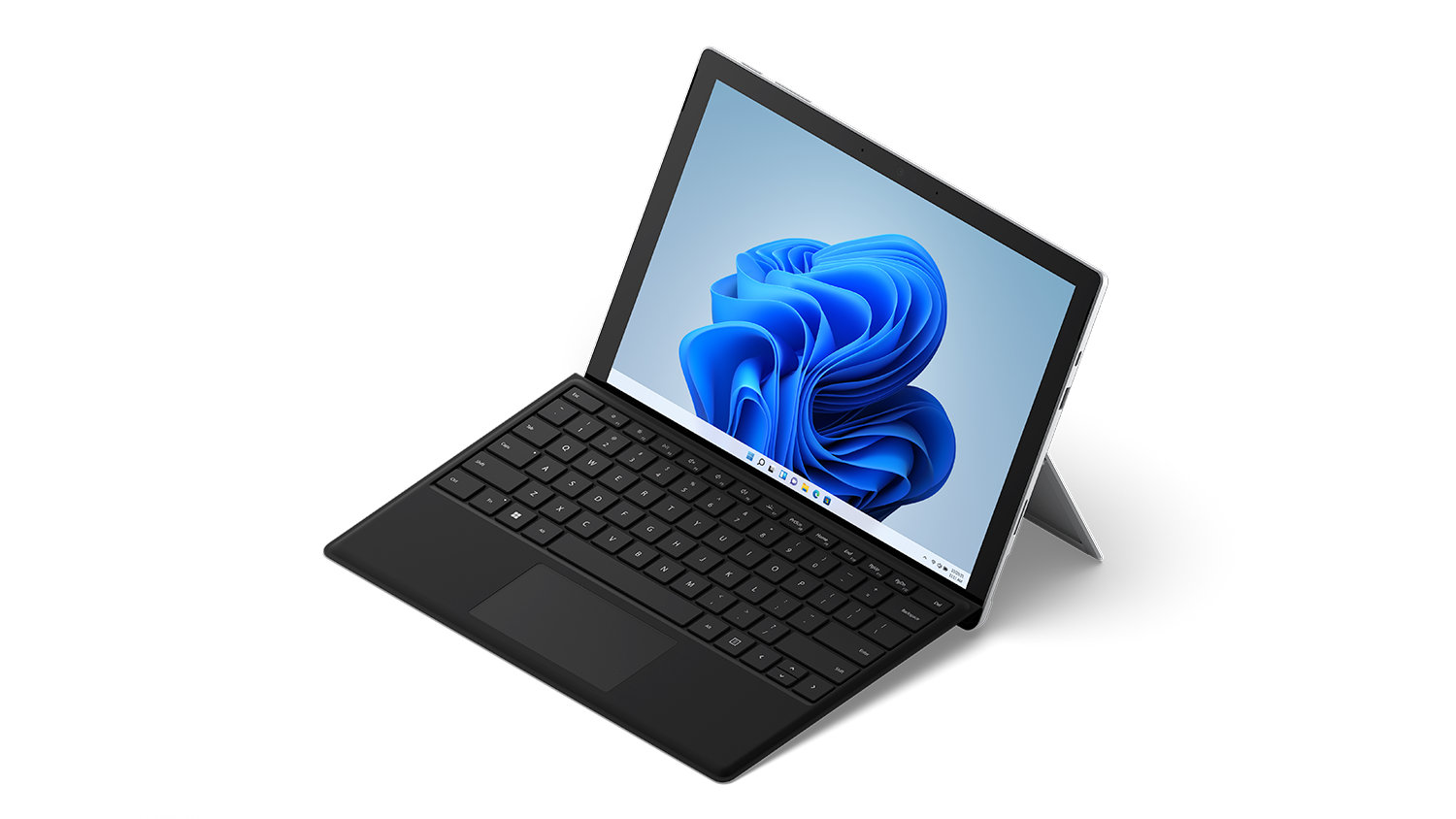 Surface Pro 7+ shown as a laptop with Typ Cover, Pen and Kickstand.