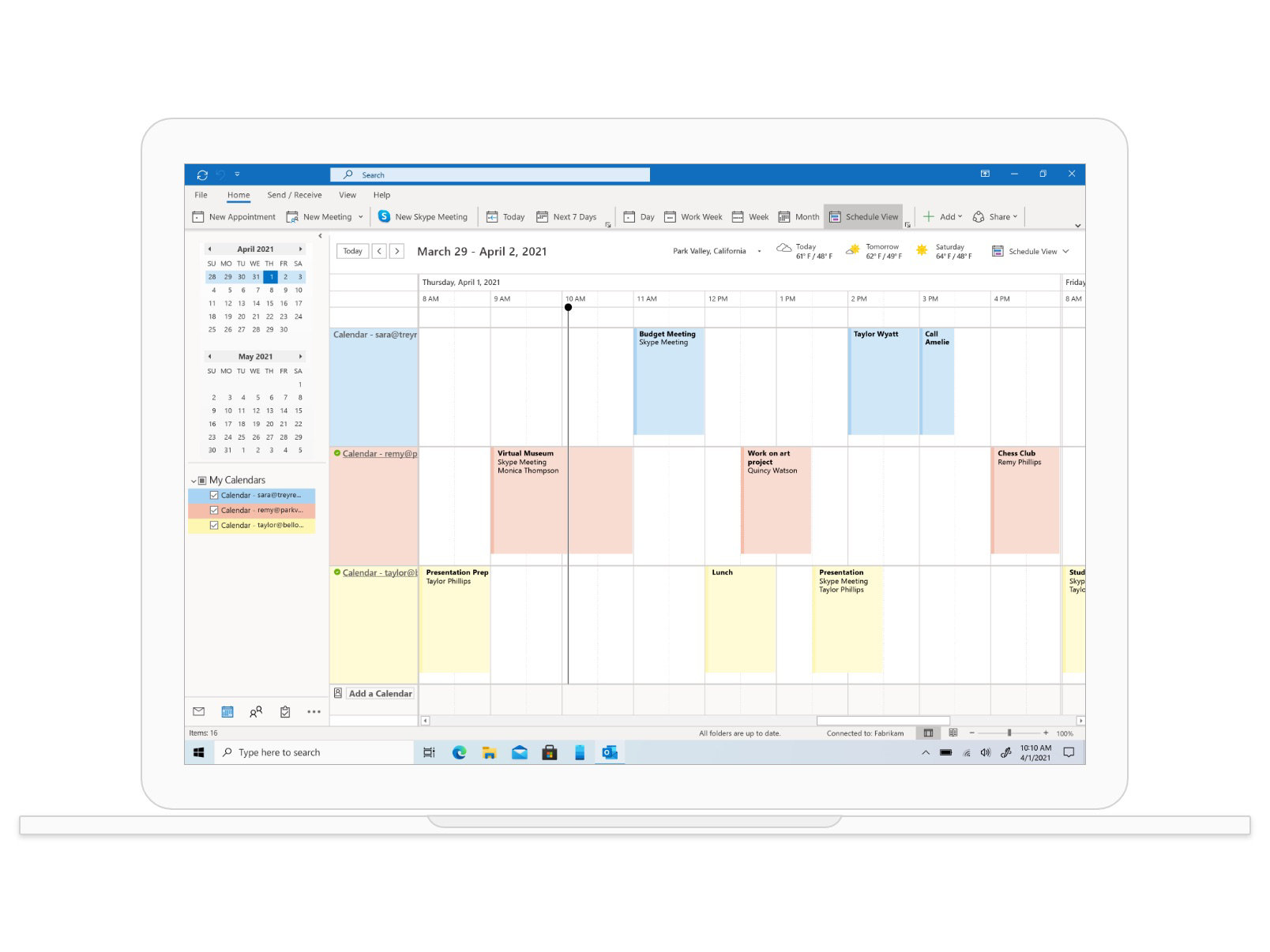 Outlook のカレンダー ビュー。3 月 29 日の週の会議と面会の予定が表示されています。