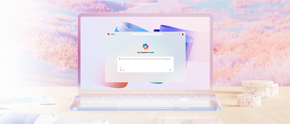 Schermo di un computer con sfondo bianco, viola e blu
