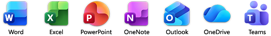 Aplicaciones de Microsoft 365, como Word, Excel, PowerPoint, Teams, Outlook, OneDrive y OneNote.