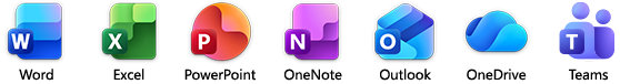 Verschillende apps die deel uitmaken van een Microsoft 365-abonnement, zoals Word, Excel, PowerPoint, Teams, Outlook, OneDrive en OneNote.