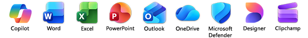 Microsoft 365 apps, including Word, Excel, PowerPoint, Outlook, OneNote, OneDrive, Microsoft Defender, Designer, Clipchamp