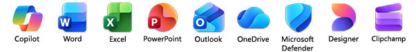 Microsoft 365 apps, including Word, Excel, PowerPoint, Outlook, OneNote, OneDrive, Microsoft Defender, Designer, Clipchamp