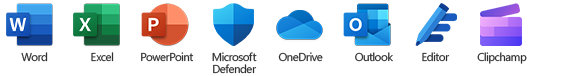 Icons for Microsoft Word, Excel, PowerPoint, Outlook, OneDrive and Family Safety