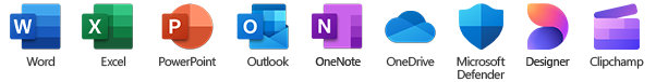 Various apps that are part of a Microsoft 365 subscription, such as Word, Excel, PowerPoint, Defender, Outlook, OneDrive, Clipchamp and Designer