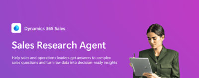 Purple gradient background with Dynamics 365 Sales branding. Large headline reads “Sales Research Agent,” with supporting text explaining it helps sales and operations leaders answer complex questions and turn raw data into decision-ready insights. On the right, a person is holding and using a Microsoft Surface tablet with a stylus.