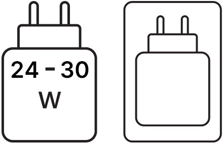 Deux pictogrammes côte à côte. Gauche : Alimentation USB PD requise de 24 à 30 W. Droite : Icône représentant l’alimentation, indiquant incluse.