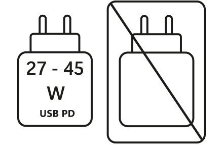 Deux pictogrammes côte à côte. Gauche : Alimentation USB PD de 27 à 45 W requise. Droite : Bloc d’alimentation avec une croix, indiquant qu’il n’est pas inclus.