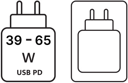 Deux pictogrammes côte à côte. Gauche : Alimentation USB PD requise de 39 à 65 W. Droite : Icône représentant l’alimentation, indiquant incluse.