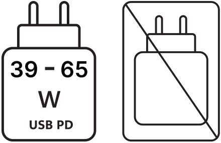 Two pictograms side by side. Left: USB PD power supply requirement of 39-65 W. Right: Power supply with a cross, indicating not included.