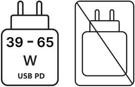 Twee pictogrammen naast elkaar. Links: USB PD-voedingsvereiste van 39-65 W. Rechts: voeding met kruis om aan te geven dat deze niet wordt meegeleverd. 