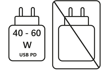 Deux pictogrammes côte à côte. Gauche : Alimentation USB PD de 40 à 60 W requise. Droite : Bloc d’alimentation avec une croix, indiquant qu’il n’est pas inclus.