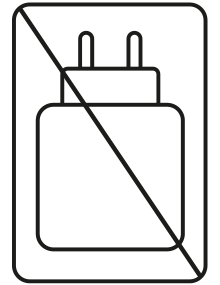 電源アダプターが付属していないことを示す×印付きの図。右:電源アダプターが付属していないことを示す×印付きの図。