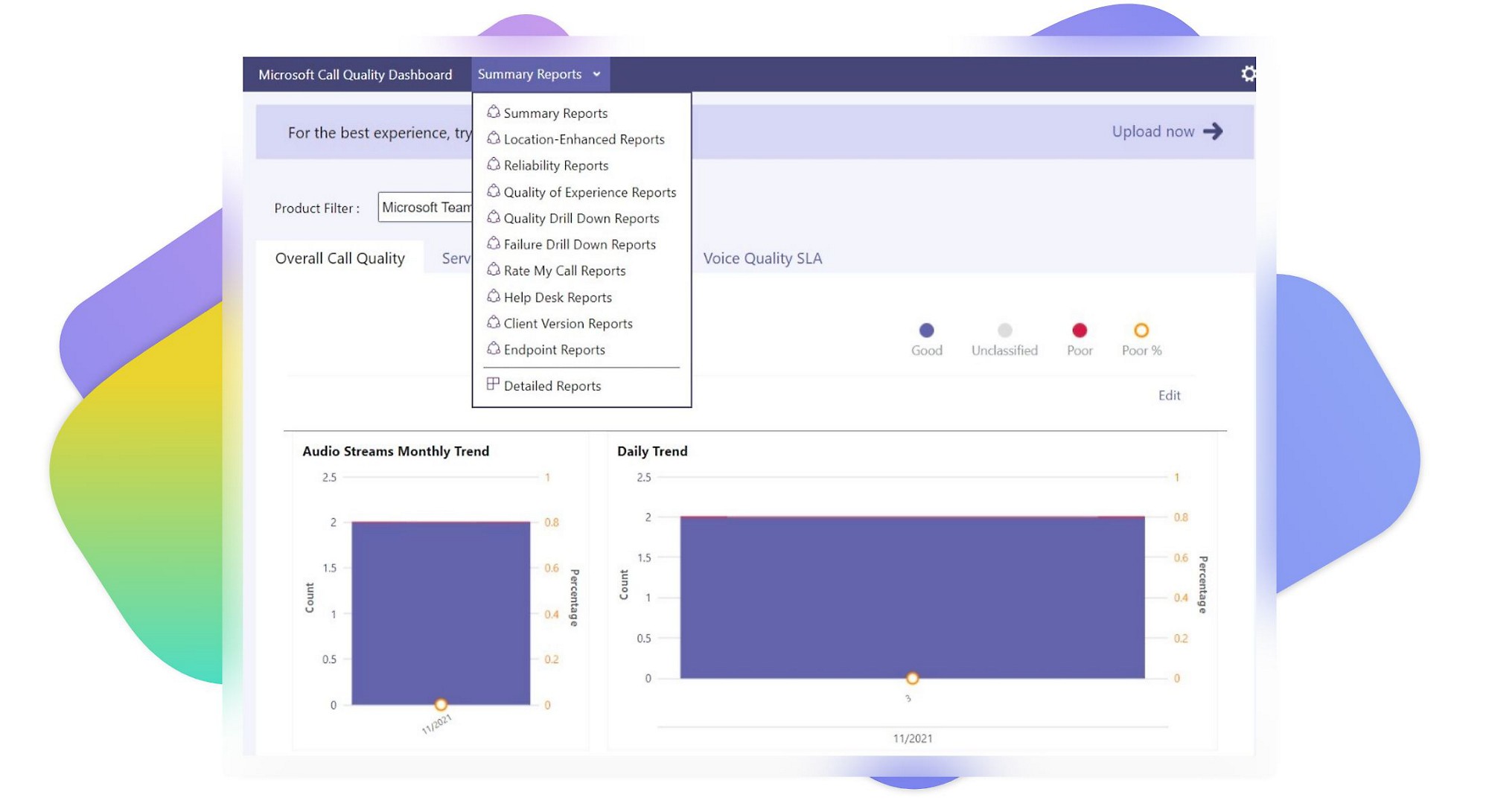 A Microsoft Call Quality dashboard and a dropdown showing the types of reports the user can view. 