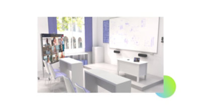 A small conference room with a screen displaying a Teams video call facing a whiteboard covered in notes.