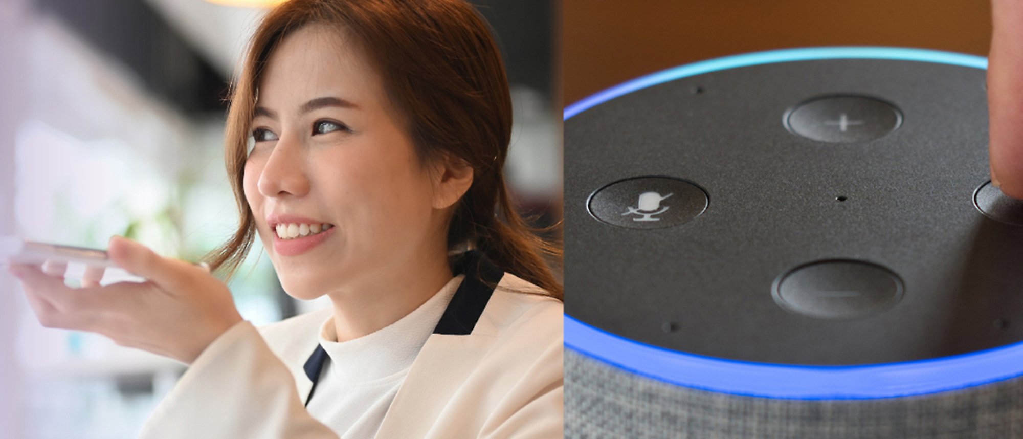 A woman talking over a phone and an image of amazon Alexa with blue lights and the sound controls