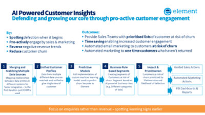 A flowchart titled "AI Powered Customer Insights" by Element outlines a 5-step process to reduce churn: 1) Merging data, 2) Unified profiles, 3) Predictive models, 4) Business rule segments, 5) Impact & prioritization, leading to guided sales and marketing actions.