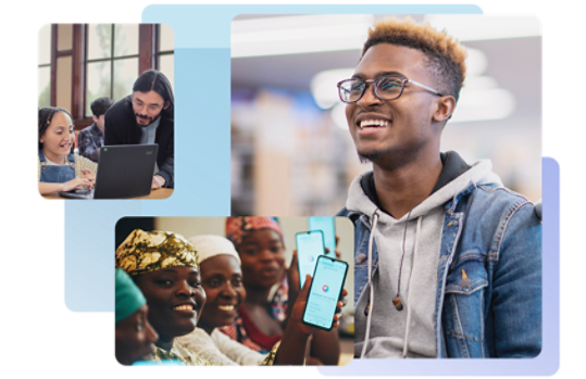 A collage of diverse individuals interacting with technology on a blue background.