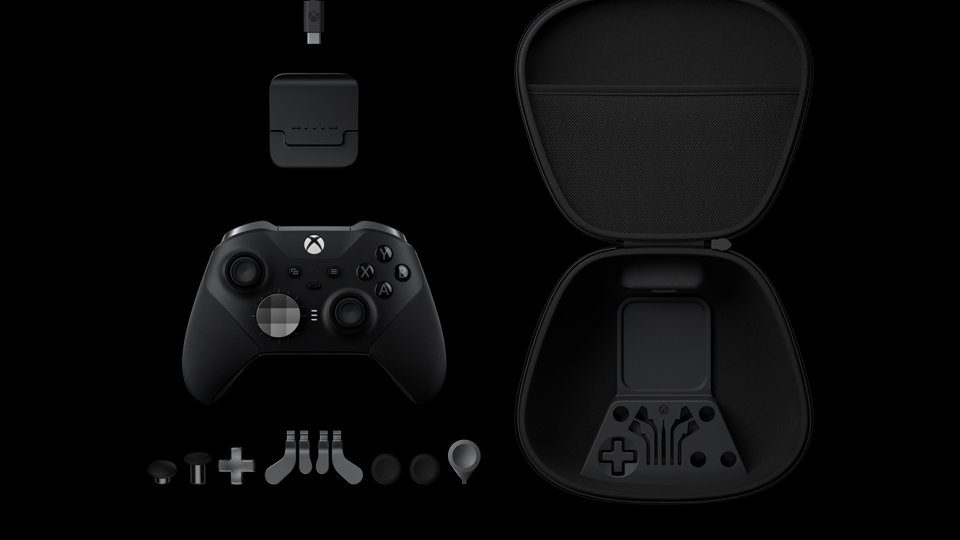 Controller with carrying case, charging dock, and interchangeable components.