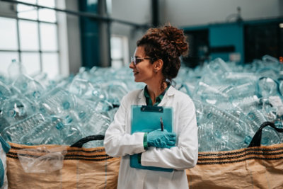 Woman standing in front of bin full of empty plastic bottles.