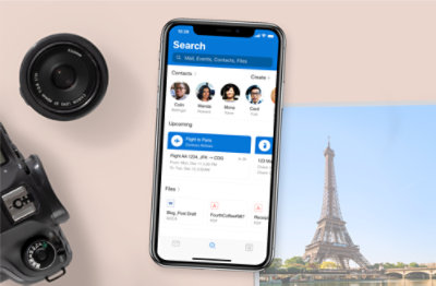 A phone screen showing intelligent search including contacts, upcoming calendar events, and files.