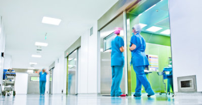 People walking the hallways in a hospital