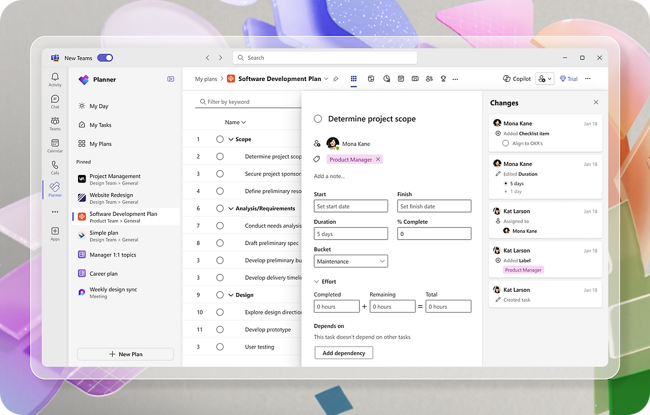 Microsoft Teams Planner showing a software development plan with tasks, due dates, and assigned team members