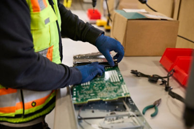 Factory worker assembling a circuitry board.