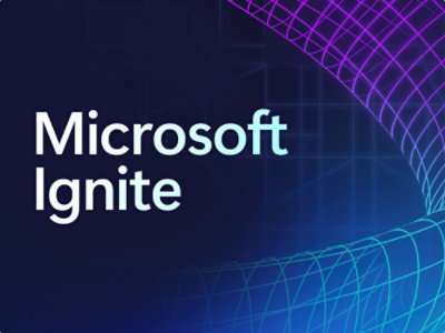 A blue and purple background with white text displaying Microsoft Ignite.