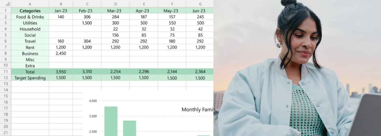Microsoft Excel makes organizing easier. Images of family budget spreadsheet and a woman working from her laptop on the go.
