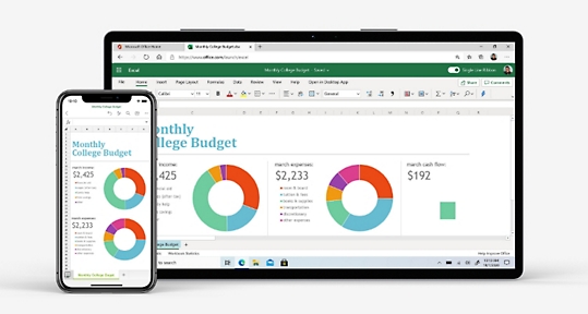Un dispositivo mobile e un tablet che mostrano un foglio di lavoro Excel con grafici colorati.