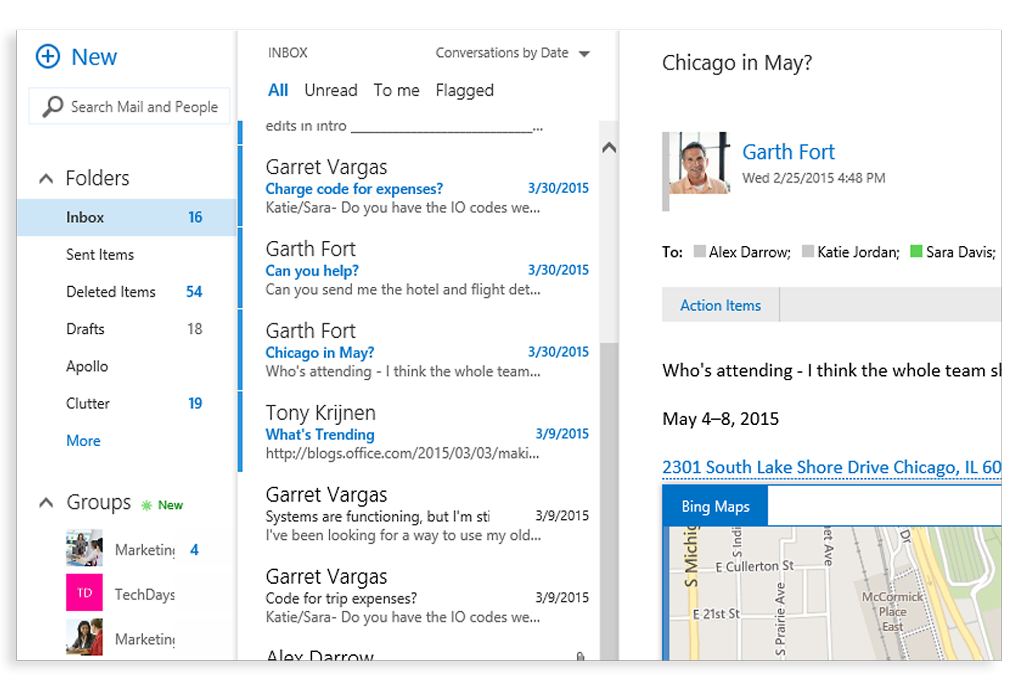 An Outlook inbox showing a Bing map within an email message