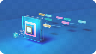 Abstract digital interface with connected data elements on a blue background.