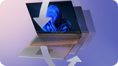 Laptop with arrows indicating data transfer and synchronization.