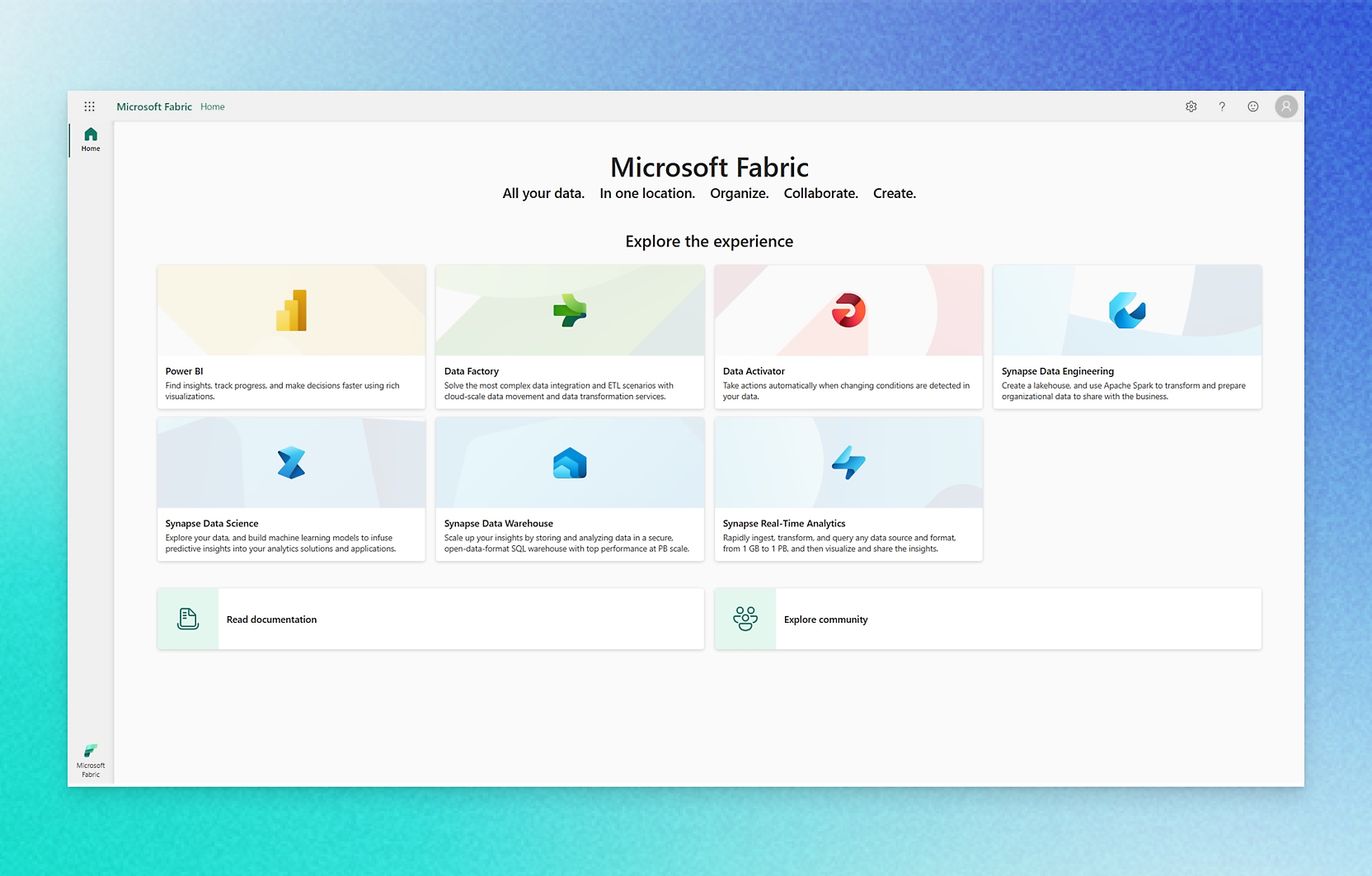 หน้าเริ่มต้นของ Microsoft Fabric