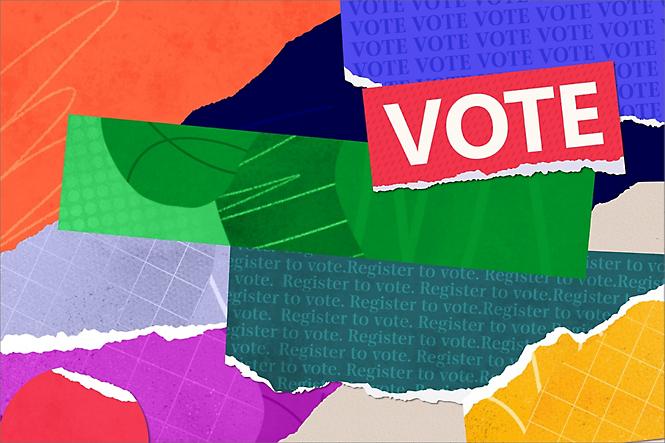 A colorful Teams background with the word Vote.