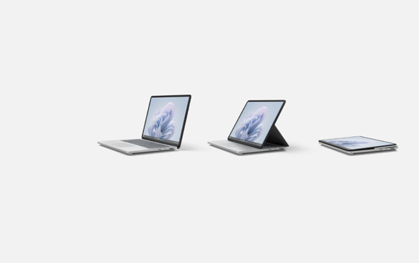 Un Surface Laptop Studio 2 pour l’entreprise en mode Ordinateur portable, un Surface Laptop Studio 2 pour l’entreprise en mode Scène et un Surface Laptop Studio 2 pour l’entreprise en mode Studio.  