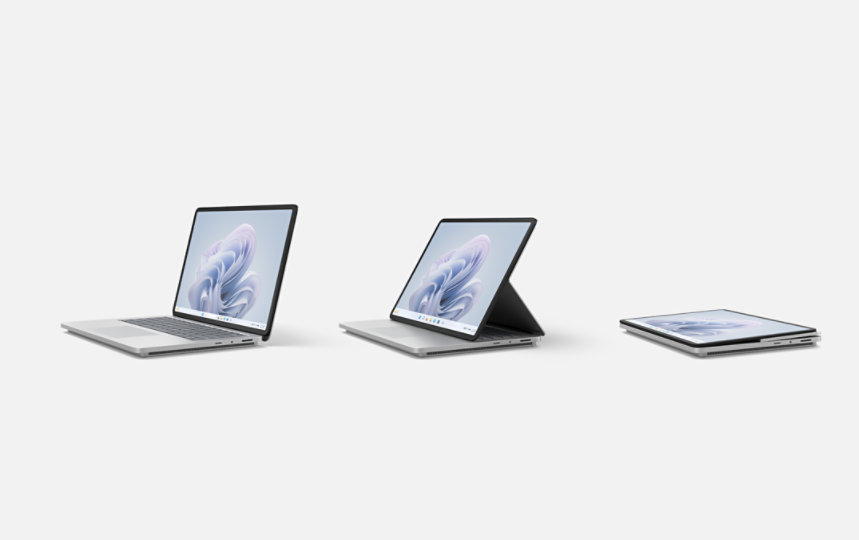Ein Surface Laptop Studio 2 im Laptop-Modus, ein Surface Laptop Studio 2 im Bühnen-Modus und ein Surface Laptop Studio 2 im Studio-Modus.